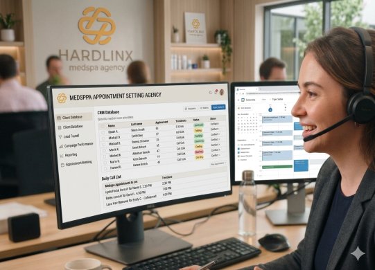 Med spa appointment setter with headset booking consults on a calendar dashboard