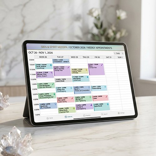 Tablet showing a full med spa booking calendar after 40 consults booked in 60 days