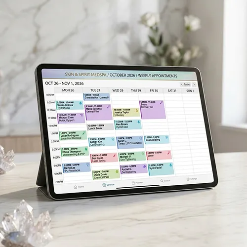 Tablet showing a full med spa booking calendar after 40 consults booked in 60 days